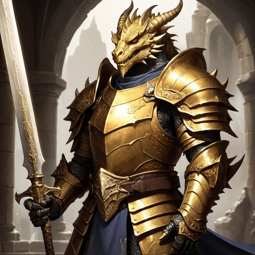 Prompt: a Golden Dragonborn Paladin of Bahamut proudly holding his great sword