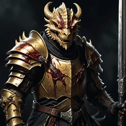 Prompt: furious golden dragonborn warlock in bloody armor holding his black sword and looking straight forward eager to kill