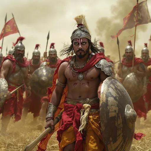 Prompt: Create video of a young indian warrior boy of ancient era, standing in battlefield, wearing dhoti and armour, wounded, holding a wheel, surrounded by seven warriors wearinng dhoti and armour attacking him