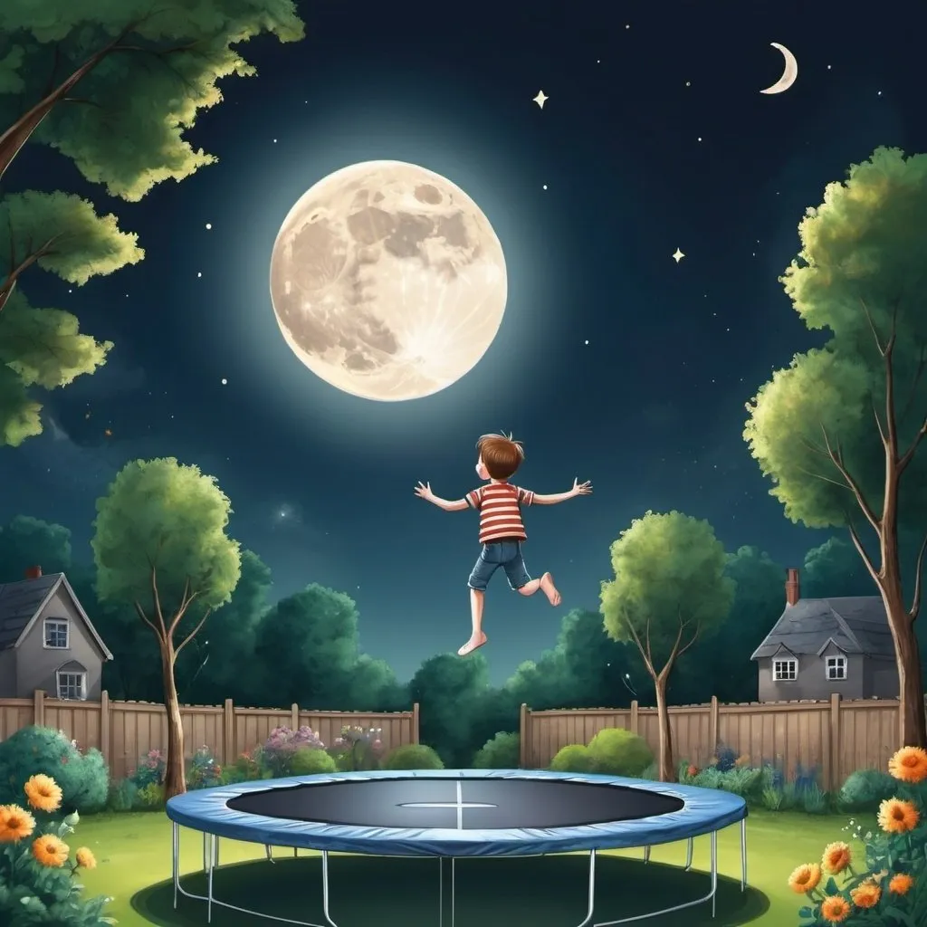 Prompt: Drowing of a  boy jumped on trampoline in a garden  and reach the moon .