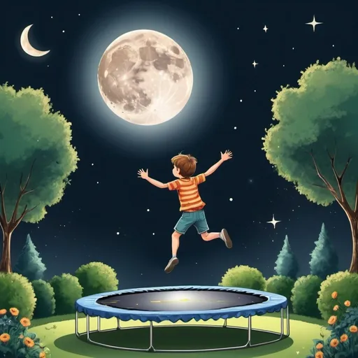 Prompt: Drowing of a  boy jumped on trampoline in a garden  and reach the moon .