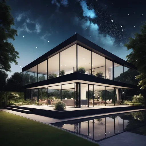 Prompt: Generate an image of a modern glass house with night sky and an alfresco garden.