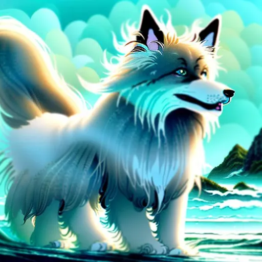 Prompt: Fantasy illustration of a fluffy dog, mesmerizing green eyes, long-haired, white, gray, caramel fur, happily walking in ocean, sunbeam, graceful pose, high quality, art decor style, detailed fur, captivating gaze, professional, ocean setting, vibrant colors, enchanting lighting