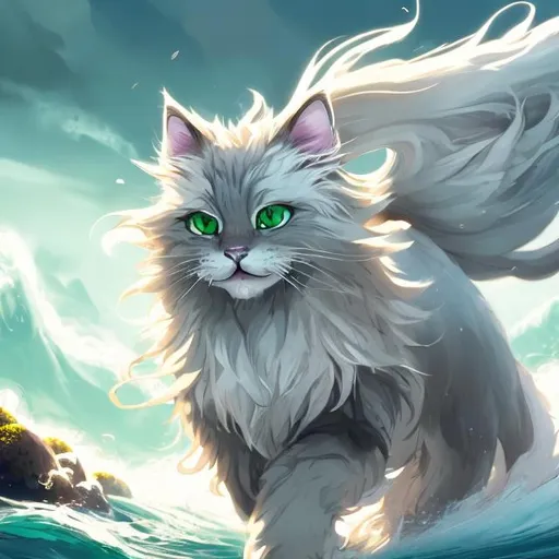 Prompt: Fantasy illustration of a fluffy cat, mesmerizing green eyes, long-haired, white, gray, caramel fur, happily walking in ocean, sunbeam, graceful pose, high quality,zelda style, detailed fur, captivating gaze, professional, ocean setting, vibrant colors, enchanting lighting