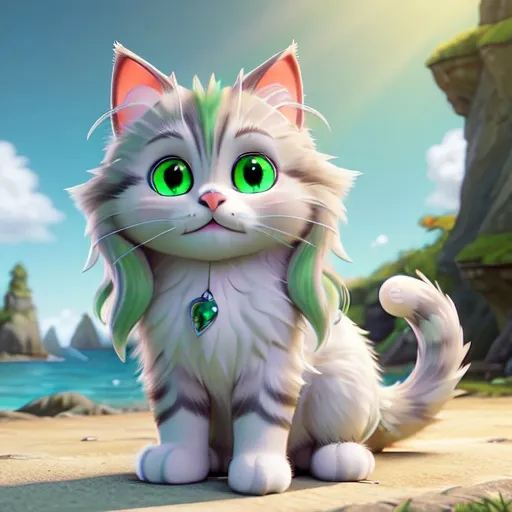 Prompt: a fluffy, long-haired cat with mesmerizing green eyes, adorned with a mix of white, gray, and caramel fur, gracefully curled up in a sunbeam happily walking in ocean 