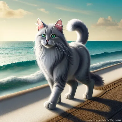 Prompt: Fantasy illustration of a fluffy cat, mesmerizing green eyes, long-haired, white, gray, caramel fur, happily walking in ocean, sunbeam, graceful pose, high quality, fantasy style, detailed fur, captivating gaze, professional, ocean setting, vibrant colors, enchanting lighting