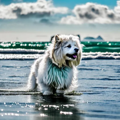Prompt: Fantasy illustration of a fluffy puppy, mesmerizing green eyes, long-haired, white, gray, caramel fur, happily walking in ocean, sunbeam, graceful pose, high quality,zelda style, detailed fur, captivating gaze, professional, ocean setting,warm colors, enchanting lighting