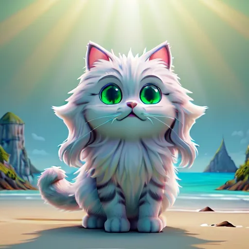 Prompt: Fantasy illustration of a fluffy cat, mesmerizing green eyes, long-haired, white, gray, caramel fur, happily walking in ocean, sunbeam, graceful pose, high quality, fantasy style, detailed fur, captivating gaze, professional, ocean setting, vibrant colors, enchanting lighting