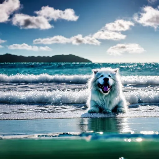 Prompt: Fantasy illustration of a fluffy puppy, mesmerizing green eyes, long-haired, white, gray, caramel fur, happily walking in ocean, sunbeam, graceful pose, high quality,zelda style, detailed fur, captivating gaze, professional, ocean setting,oil colors, enchanting lighting