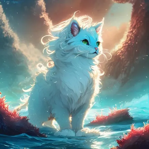 Prompt: Fantasy illustration of a fluffy cat, mesmerizing blue and fur red eyes, long-haired, white, green, dark blue, light blue, caramel fur, happily walking in ocean, sunbeam, graceful pose, high quality, fantasy style, detailed fur, captivating gaze, professional, ocean setting, vibrant colors, enchanting lighting, volcanic eruption behind 