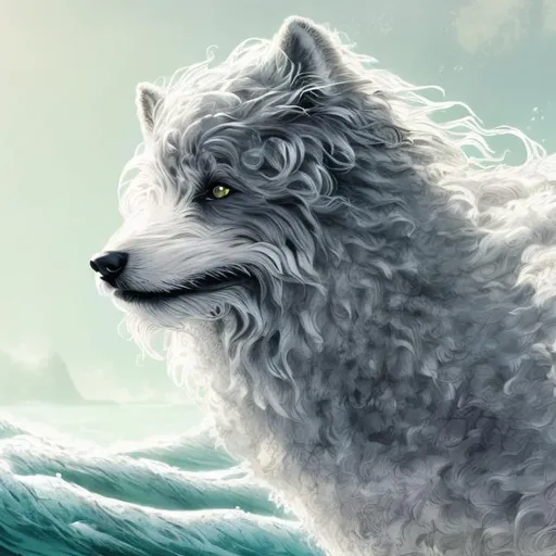 Prompt: Molled illustration of a fluffy dog, mesmerizing green eyes, long-haired, white, gray, caramel fur, happily walking in ocean, sunbeam, graceful pose, high quality, fantasy style, detailed fur, captivating gaze, professional, ocean setting, vibrant colors, enchanting lighting