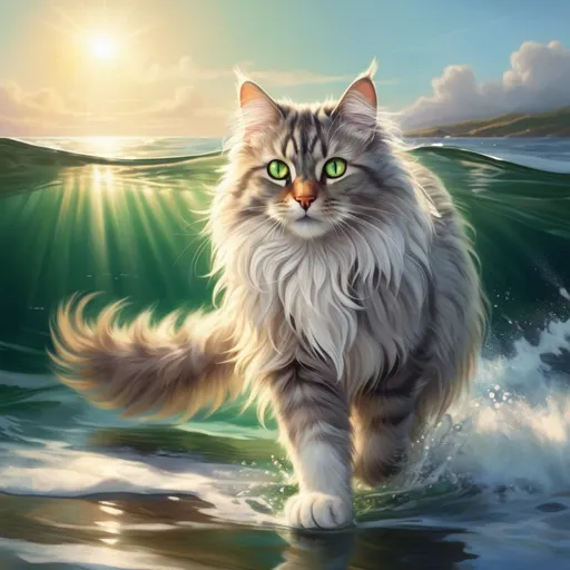 Prompt: Fantasy illustration of a fluffy cat, mesmerizing green eyes, long-haired, white, gray, caramel fur, happily walking in ocean, sunbeam, graceful pose, high quality, fantasy style, detailed fur, captivating gaze, professional, ocean setting, vibrant colors, enchanting lighting