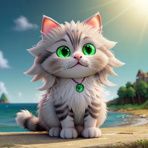 Prompt: a fluffy, long-haired cat with mesmerizing green eyes, adorned with a mix of white, gray, and caramel fur, gracefully curled up in a sunbeam happily walking on ocean 