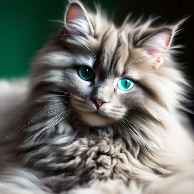 Prompt: a fluffy, long-haired cat with mesmerizing green eyes, adorned with a mix of white, gray, and caramel fur, gracefully curled up in a sunbea