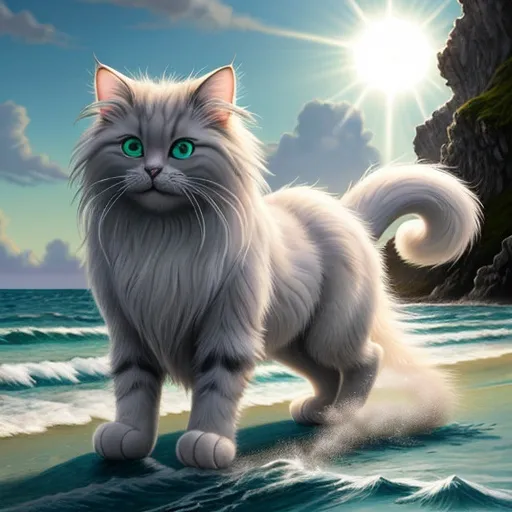 Prompt: Fantasy illustration of a fluffy cat, mesmerizing green eyes, long-haired, white, gray, caramel fur, happily walking in ocean, sunbeam, graceful pose, high quality, fantasy style, detailed fur, captivating gaze, professional, ocean setting, vibrant colors, enchanting lighting