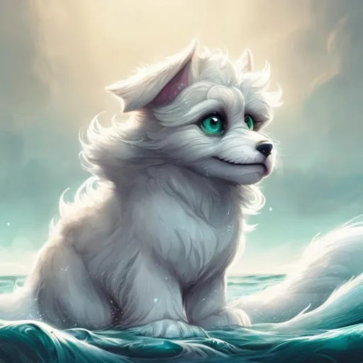 Prompt: Fantasy illustration of a fluffy puppy, mesmerizing green eyes, long-haired, white, gray, caramel fur, happily walking in ocean, sunbeam, graceful pose, high quality,zelda style, detailed fur, captivating gaze, professional, ocean setting, vibrant colors, enchanting lighting