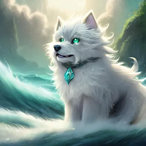 Prompt: Fantasy illustration of a fluffy puppy, mesmerizing green eyes, long-haired, white, gray, caramel fur, happily walking in ocean, sunbeam, graceful pose, high quality,zelda style, detailed fur, captivating gaze, professional, ocean setting, vibrant colors, enchanting lighting