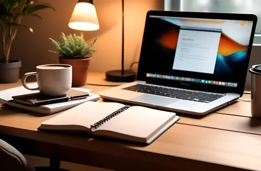 Prompt: A cozy desk setup with an open laptop, a steaming coffee mug next to it. The scene is calm and inviting, with soft lighting and a warm, pleasant atmosphere. The desk is neat, with a few personal touches like a notebook, pen, and a small plant in the background.