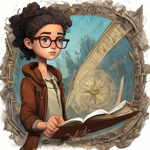 Prompt: Ella stands with a posture of confidence, hazel eyes magnified by reading glasses, reflecting an eternal flame of curiosity. Her attire is a blend of the academic and the adventurous, complemented by the ever-present ancient compass. Each movement she makes exudes purpose, as if she’s on the brink of discovering a world-altering secret.