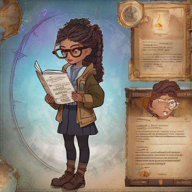 Prompt: Ella stands with a posture of confidence, hazel eyes magnified by reading glasses, reflecting an eternal flame of curiosity. Her attire is a blend of the academic and the adventurous, complemented by the ever-present ancient compass. Each movement she makes exudes purpose, as if she’s on the brink of discovering a world-altering secret.