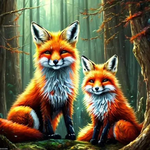 Prompt: Bright red fox in a magical forest, holding a rabbit, vibrant oil painting, enchanted woodland setting, detailed fur with warm highlights, intense gaze, magical atmosphere, high quality, oil painting, vibrant colors, detailed forest, enchanting, warm lighting, woodland setting, detailed eyes, professional, vibrant and warm tones