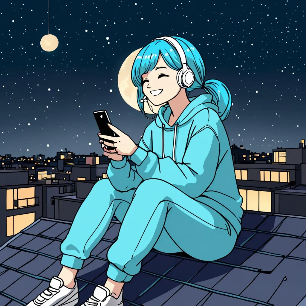 Prompt: Create doodle cartoon of a girl having aqua blue hair, smiling, sitting on the roof top, earphones connected with phone, girl wearing sweatshirt and long pants, looking at the moon and stars,  (Create a wide angle look)