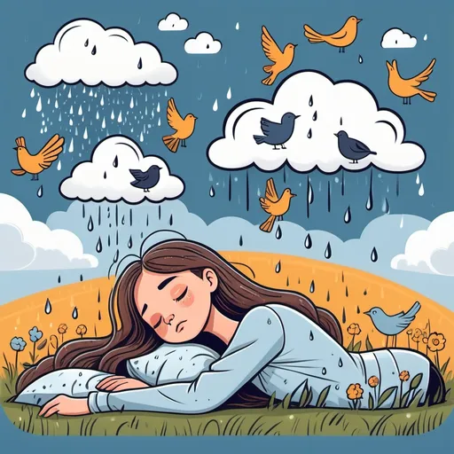 Prompt: A cartoon character created in a doodle style, 2d flat illustration, girl with long hairs, sleeping in the field flat, relaxing with eyes closed, clouds and sky with birds, and rain drops falling.