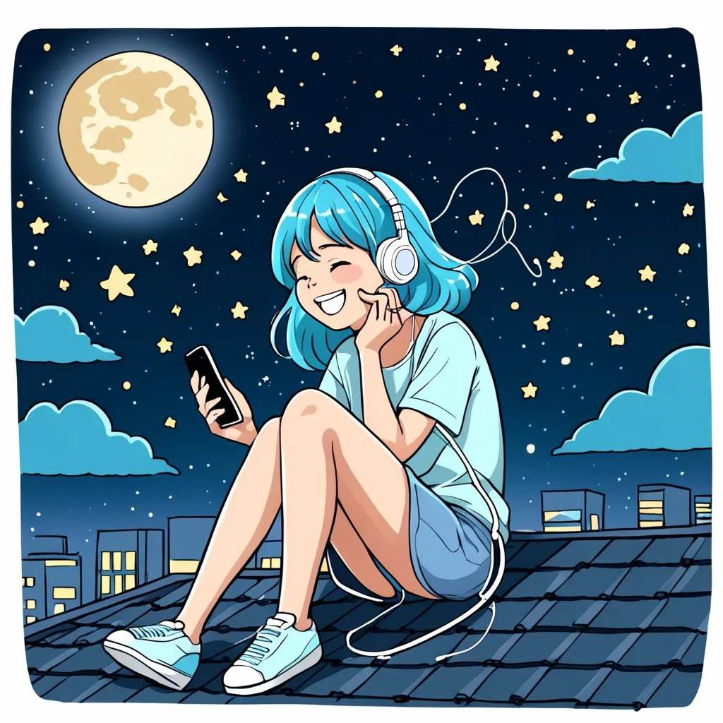 Prompt: Create doodle cartoon of a girl having aqua blue hair, smiling and giggling, sitting on the roof top, earphones connected with phone, looking at the moon and stars.