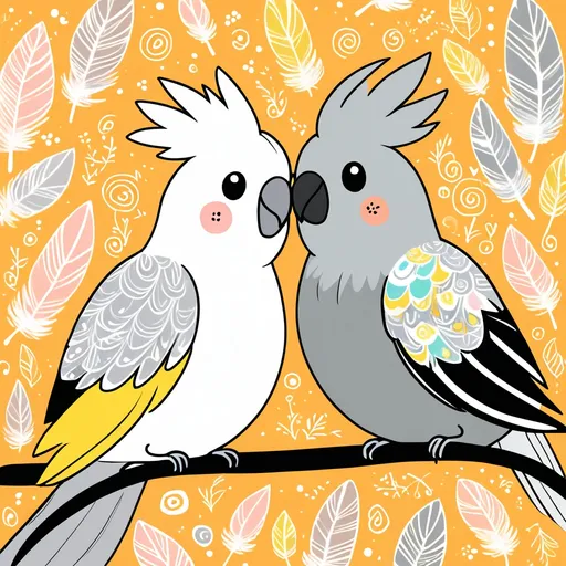 Prompt: (doodle cartoon of a yellowish white and a blackish grey cockatiel birds cuddling together), (whimsical style), joyful ambiance, soft pastel colors, playful design, cute and cozy interaction, simplistic characters, heartwarming scene, seamless blending of colors, detailed feathers, vibrant background with abstract patterns, charming and engaging, ideal for a fun illustration.