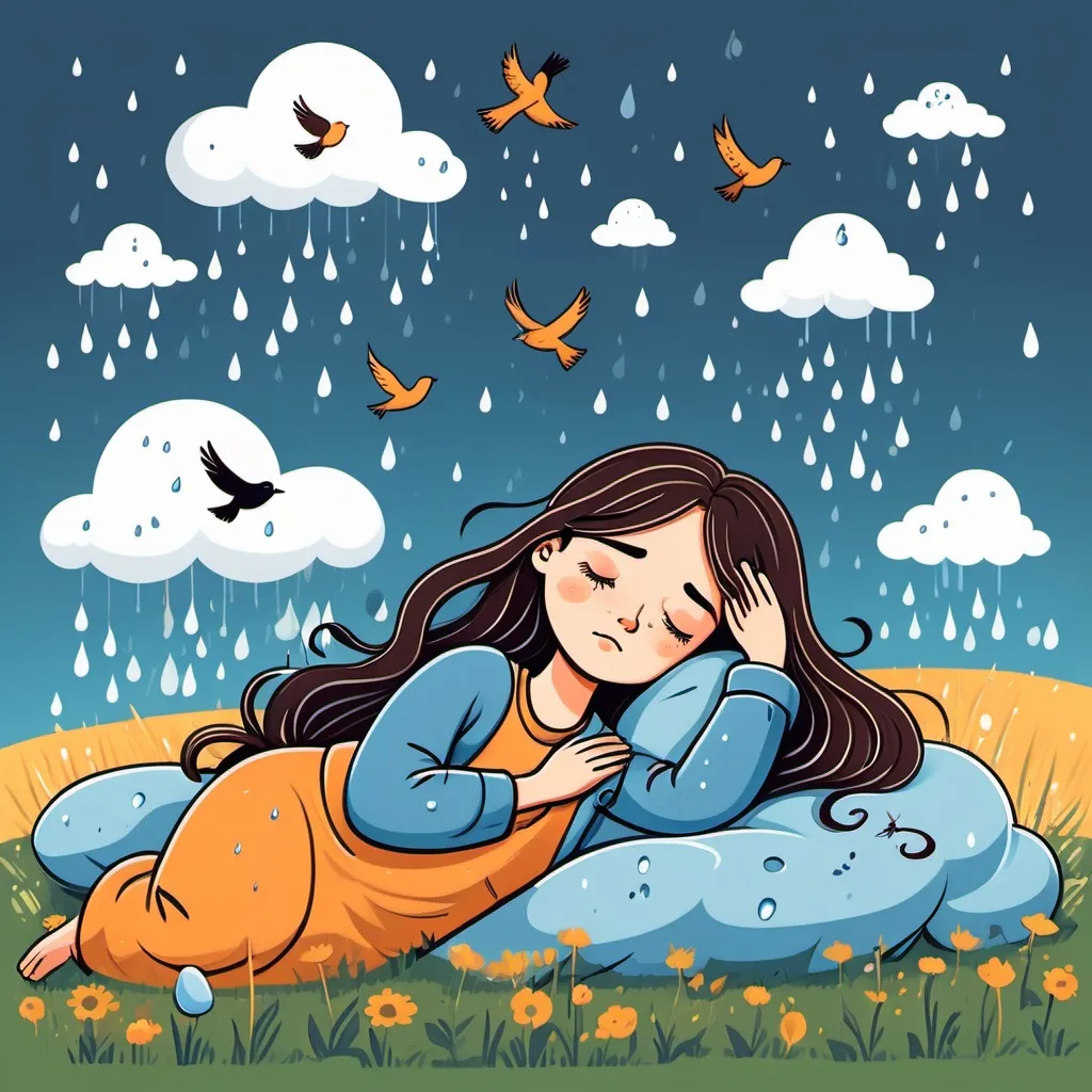 Prompt: A cartoon character created in a doodle style, 2d flat illustration, girl with long hairs, sleeping in the field flat, relaxing with eyes closed, clouds and sky with birds, and rain drops falling.