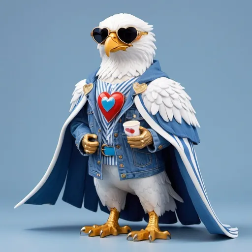 Prompt: A royal eagle wearing a pair of blue jeans, a silver belt, a white and light blue striped t-shirt, with a heart shaped sunglasses and a white and blue cloak 