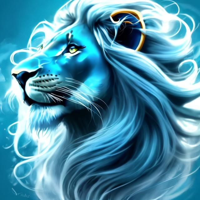 Prompt: gorgeous female lion girl mix blue swirling lion's mane hair with a football, blue concept art