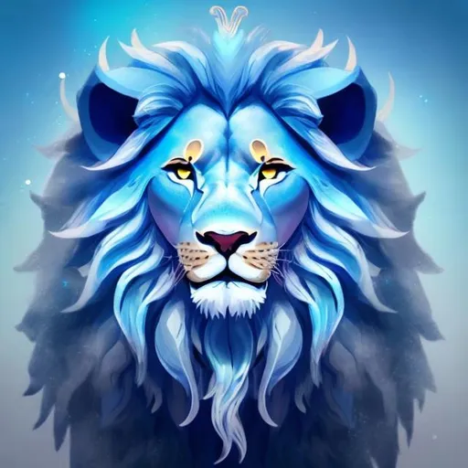 Prompt: upper body portrait of a gorgeous and feminine female lion with elfin features, lion's ears, blue fluffy lion's mane hair, concept art, square image, blue metallic warrior's armor with blue jewels, cheerful celebrating victory 