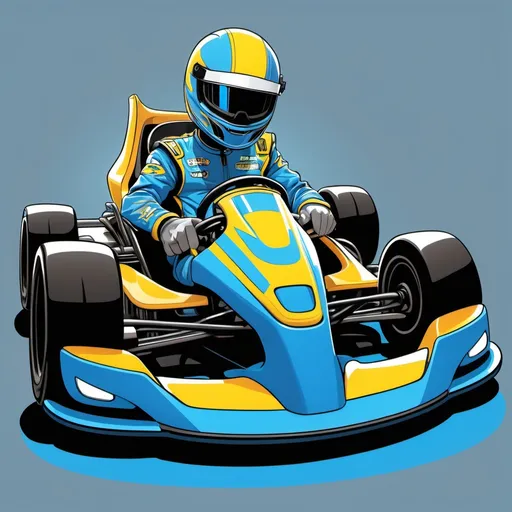 Prompt: Cartoon-style drawing of a kart with a driver wearing a helmet, featuring blue, light blue, yellow, and black colors. The kart has exaggerated proportions with large wheels and bright lights. The background is transparent, focusing on the kart and its vibrant details