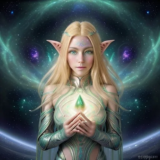 Prompt: gorgeous space elf in space hyper realistic blonde green eyes