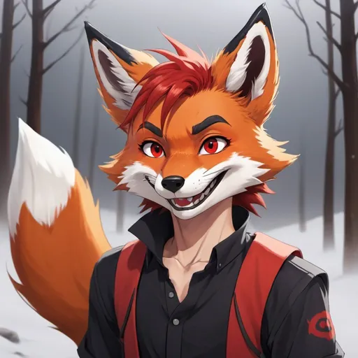 Prompt: 
small settlement, foggy,anime style  arm- furry ,smiling face expressions , male fox body with fox face,zoom in on the face , western anime style art , face view , red fox head
 ,western furr style,with black - red hair mohawk ,, red fox ears , anime style ,red fox pattern anime ,with red eye pupils