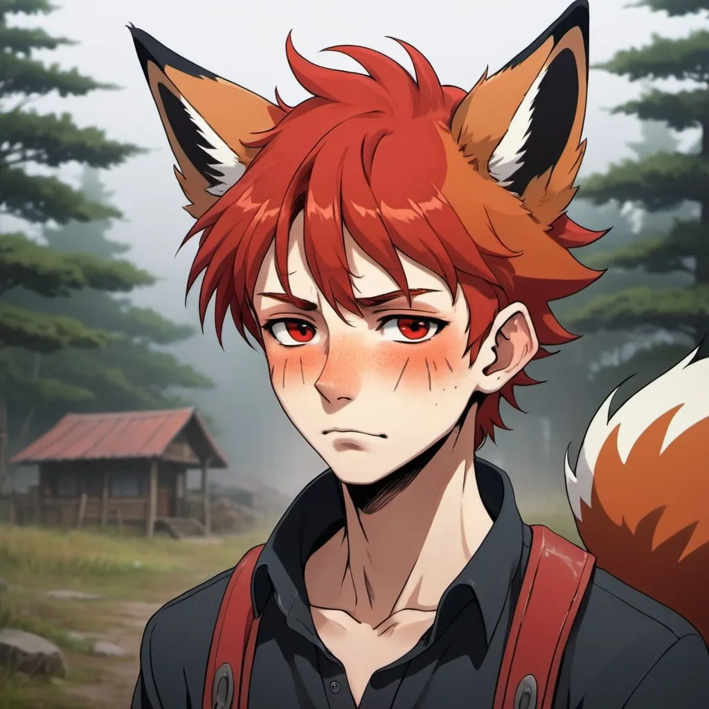 Prompt: 
small settlement, foggy, sad face expressions -crying , male body with fox face,zoom in on the face , face view , red fox head
 ,western furr style,with black - red hair mohawk ,, red fox ears , anime style ,red fox pattern anime ,with red eye pupils