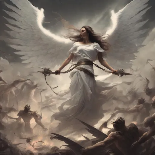 Prompt: woman angel with wings fighting with demon army  
