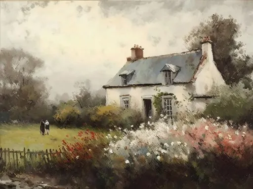 Prompt: painting of a house with a cow in a field of flowers, idyllic cottage, cottage, in the countryside, farmhouse, by Charles Harold Davis, flowery cottage, by Gwilym Prichard, by Arthur Pan, peaceful scene, cottages, serene scene, tranquil scene, by David Ramsay Hay, by Roger Wilson Dennis, tomas kinkade, by George Reid