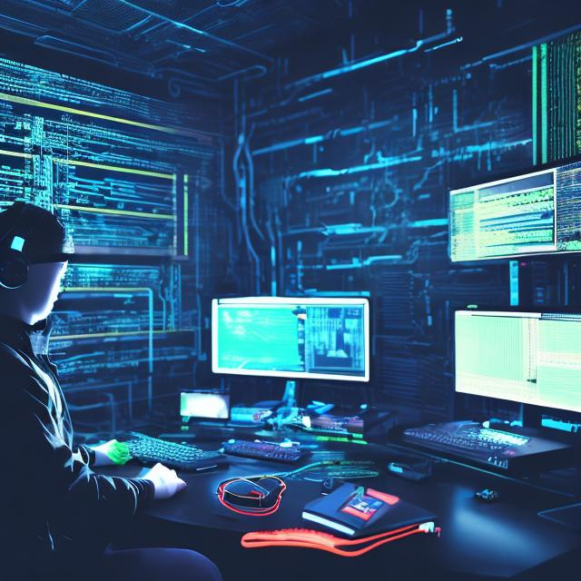 Prompt: one person sitting in front of a computer electronic and hacker like environment
research and development lab casual cyberpunk colors.