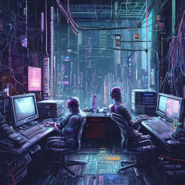 Prompt: A highly detailed rendering of a Cyberpunk hackers bedroom which has sophisticated hi-tech computers surrounded by messy cables, soft neon lighting, reflective surfaces, sci-fi concept art, by Syd Mead, highly detailed, oil on canvas
