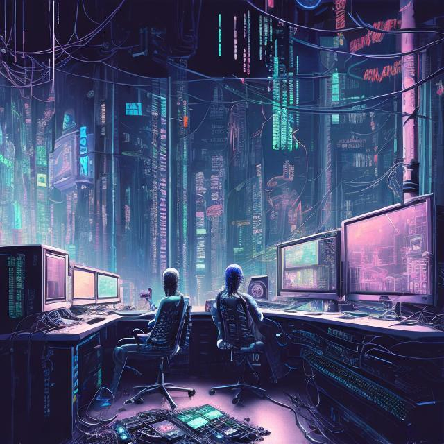 Prompt: A highly detailed rendering of a Cyberpunk hackers bedroom which has sophisticated hi-tech computers surrounded by messy cables, soft neon lighting, reflective surfaces, sci-fi concept art, by Syd Mead, highly detailed, oil on canvas