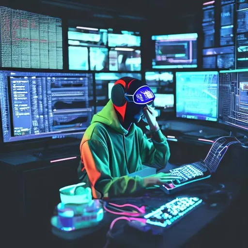 Prompt: one person sitting in front of a computer electronic and hacker like environment
research and development lab casual cyberpunk colors.