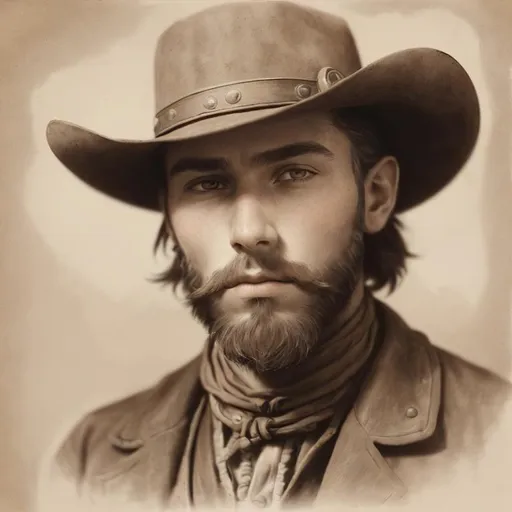 Prompt: Sepia pencil sketch of a boyish young adult male cowboy with short hair, long beard, in the late 1800s Wild West Era, detailed facial features, kind eyes, short dark hair, small nose, round face, soft cheeks, thin lips, pencil sketch, sepia tones, Wild West era