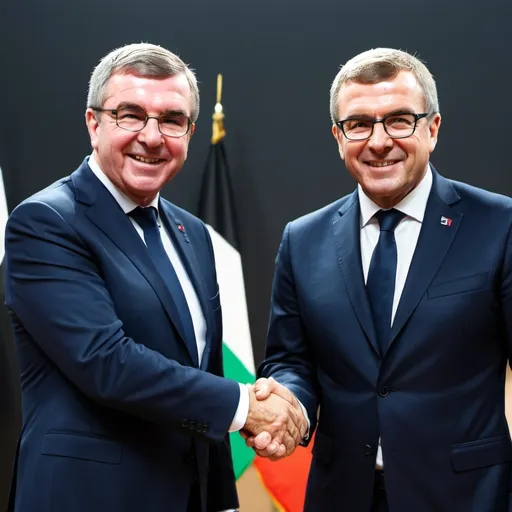 Prompt: Create a Foto where Thomas Bach from IOC and emannuel macron are shaking Hands.