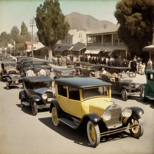 Prompt: 1920s small town, riverside, california, day, street, cars, 1920s cars, cars of random colors, cars with drivers, drivers.