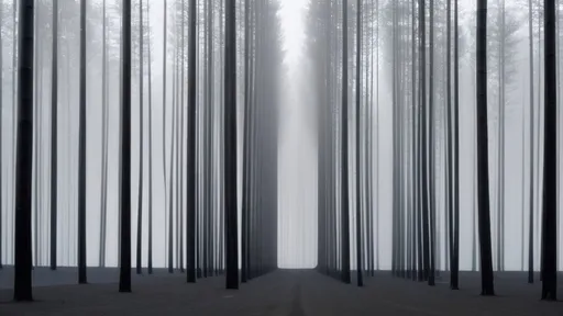 Prompt: Wide view of a forest with very thin tree trunks arranged in neat rows with small spaces between them, standing opposite to each other. Trees in the front row are branchless and their trunks are cut halfway. Trees in the back rows are similar, with thin trunks forming a straight line. The forest floor is covered in black sand. The sky is not visible. The image is in a wide aspect ratio with very high resolution and intricate details. At the end of the last row of trees, a small human hand is seen holding the trunk of a tree, hiding behind it.
