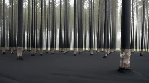 Prompt: Wide view of a forest with very thin tree trunks arranged in neat rows with small spaces between them, standing opposite to each other. Trees in the front row are branchless and their trunks are cut halfway. Trees in the back rows are similar, with thin trunks forming a straight line. The forest floor is covered in black sand. The sky is not visible. The image is in a wide aspect ratio with very high resolution and intricate details. At the end of the last row of trees, a small human hand is seen holding the trunk of a tree, hiding behind it.
