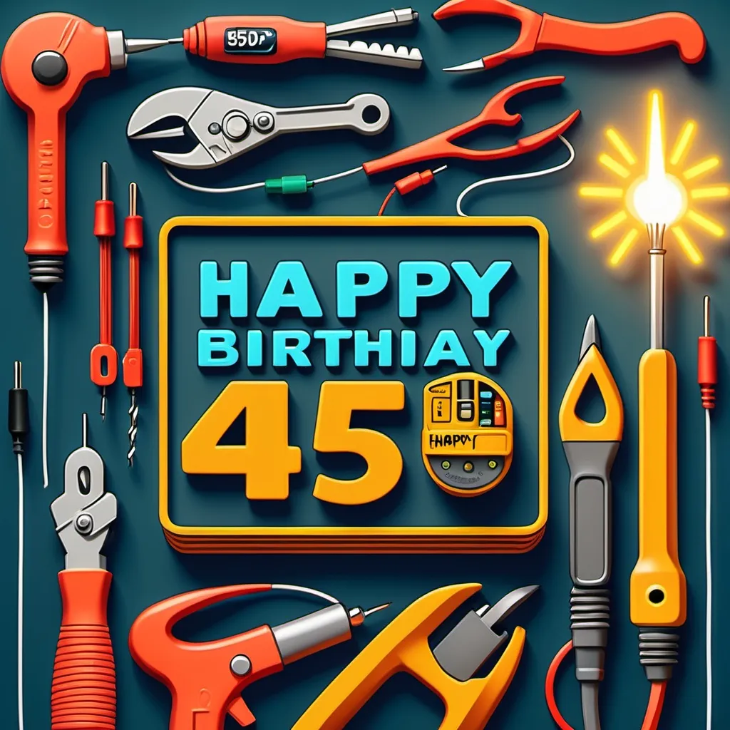 Prompt: (busy electrician-themed birthday card), vivid colors, high detail, dynamic layout, festive elements, illustrations of tools like wirers and drills, cheerful atmosphere, birthday decorations, bold typography, (emphasized text "Happy 45th Birthday!"), warm lighting, ultra-detailed design, playful design elements, engaging visuals.