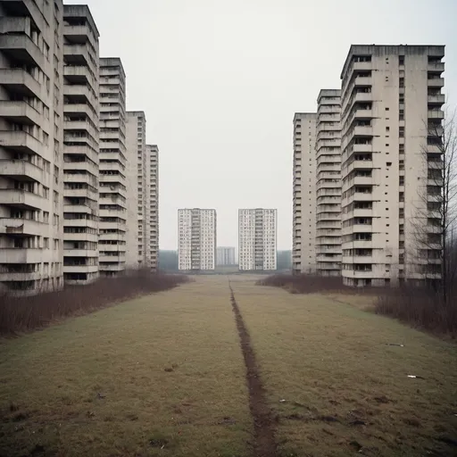 Prompt: Brutalism, soviet architecture, housing blocks, bleak, large estate from distance